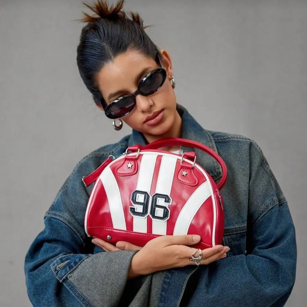 Red and White Striped Dome Satchel Bag w. '96' Patch - Picture 2 of 11